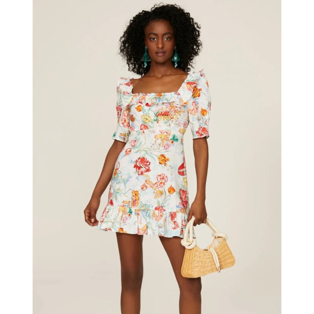 RIXO Camile Ruffle Linen Blend Mini Dress Size‎ M